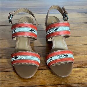 Coach Princenton Snakeskin Saddle Brown and Carmine Red Strappy Heeled Sandals 7